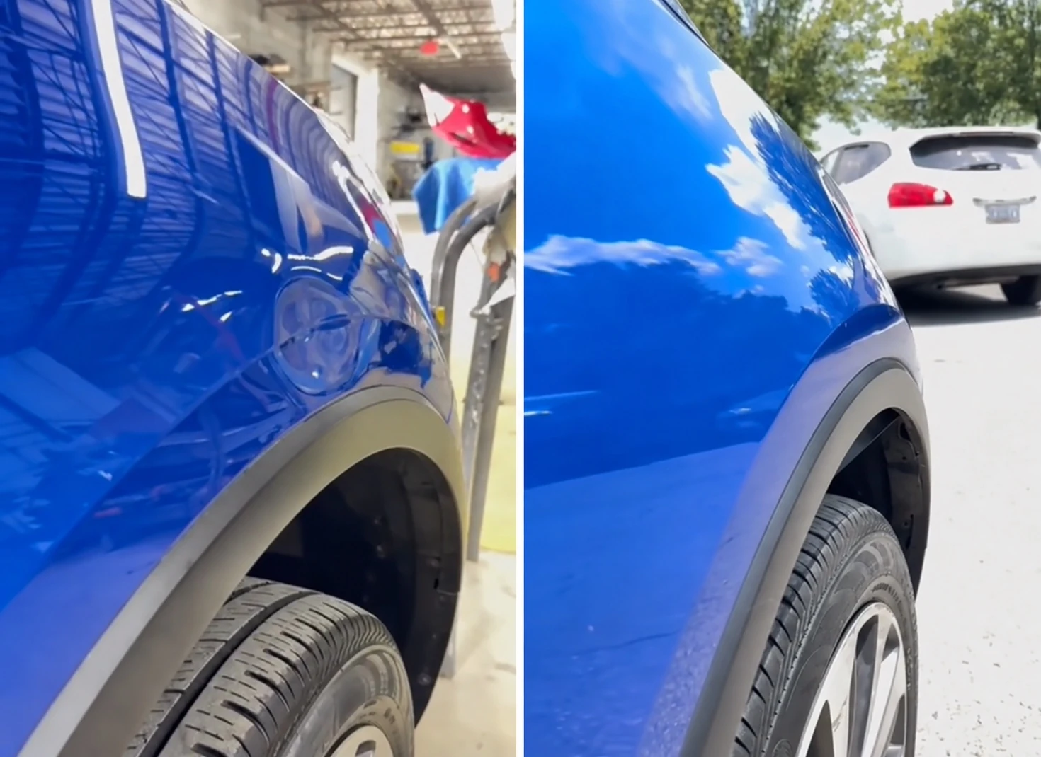 Real before and after of a repaired dent on a blue vehicle wheel arch