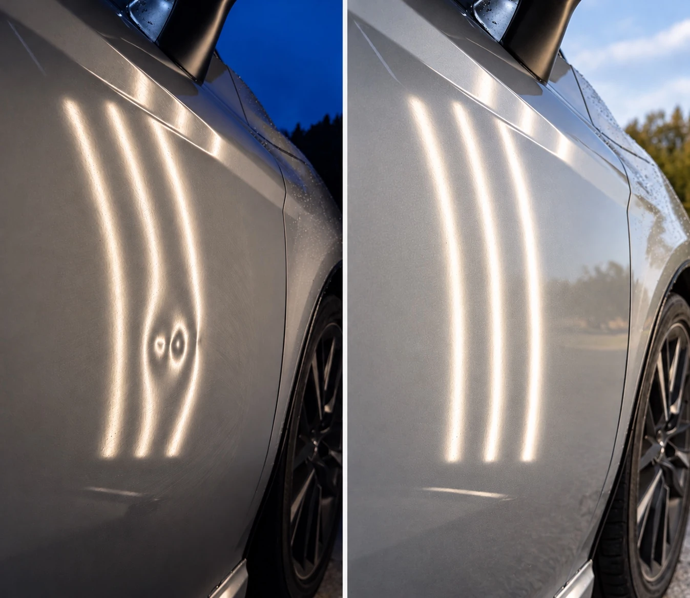 Real before and after photo of PDR door dent using reflection light