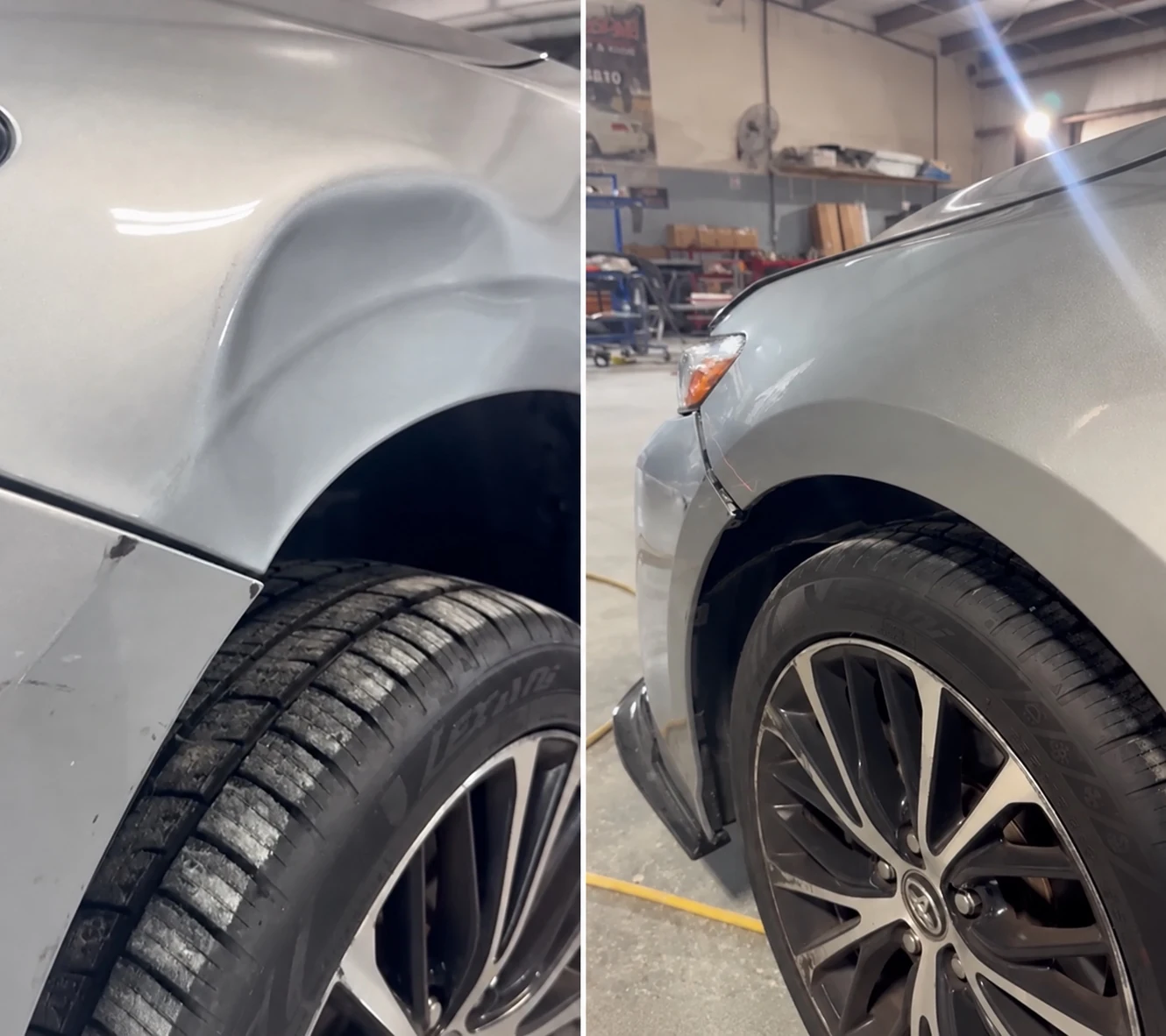 Real before and after dent repair on a silver vehicle front fender